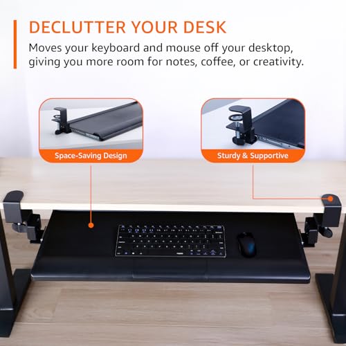 Image of Amazon Basics Ergonomic Under-Desk Keyboard Tray | Slide-Out Design with Sturdy C-Clamps | Space-Saving | Non Drill Clamp On Mount | Fits Desks Upto 48mm Thickness | 68 L x 28.3 W x 2.9 H cm