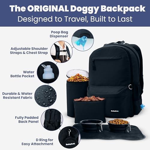 Image of Dog Travel Bag for Supplies - Complete Dog Diaper Bag Backpack with 2 BPA-Free Travel Bowls, Treat Pouch, Food Container, Placemat & Laptop Sleeve - for Traveling, Road Trips, Hiking: Black