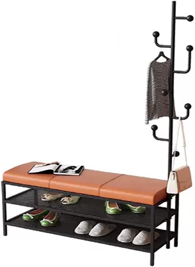 IisrAr Perchero Banco de Zapatos 3 en 1 Pasillo Árbol Perchero de Metal para Dormitorio Sala de Estar Entrada/Negro/100 Cm