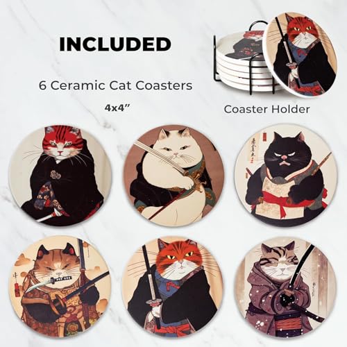 Image of Cat Tea Coasters Ninja Edition - Anime Cat Decor - Set of 6 Drink Wood Coasters with Holder Black