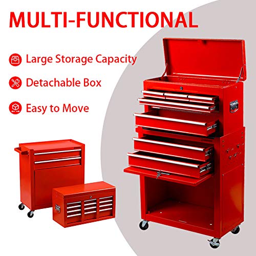 INTERGREAT Rolling Tools Chest with Drawers Tools Storage Chest for Garage Toolbox Chest on Wheels 8-Drawer Tool Storage Cabinet Steel Red