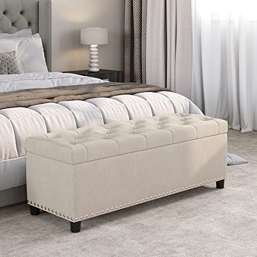 Image of BELLEZE Storage Ottoman, Tufted Ottoman with Close Hinge, Foot Rest for Living Room (Beige, 47 inch)