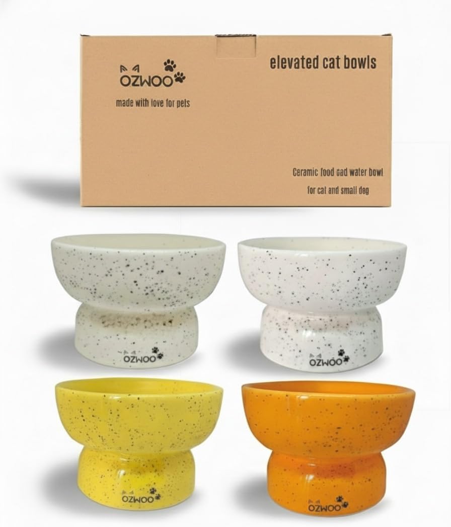Ceramic Cat Bowls - Elevated cat Bowl, Anti-Vomiting, Whisker Friendly Raised Cat Bowl, Easy to Clean, Non-Slip, Suitable for Small Dogs - Pack of 2 (White-Beige, Orange-Yellow) (Yellow-Orange)
