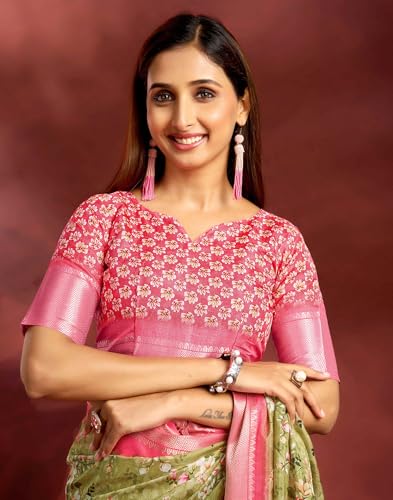 Image of SIRIL Women's Dola Silk Printed Jacquard Border Ready To Wear Saree with Unstitched Blouse Piece