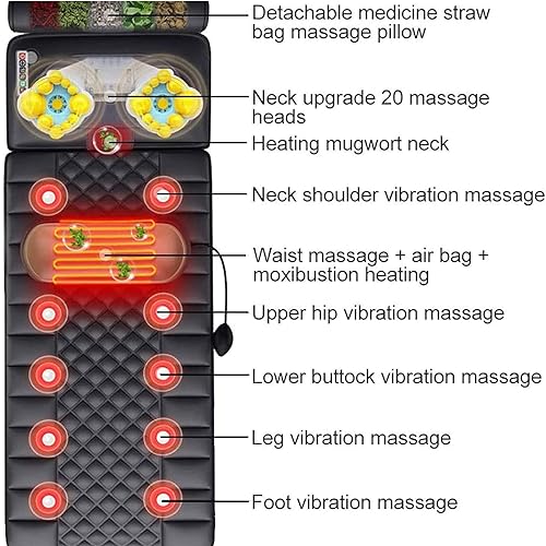 Podgrzewana mata do masażu całego ciała z 20 głowicami do masażu Shiatsu, 9 trybów i poziomów, podgrzewana podkładka pod materac dla odciążenia szyi i pleców
