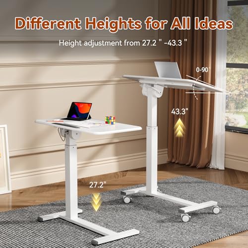 Image of Mobile Standing Desk, Height Adjustable Left /Right Overbed Bedside Table, 90 Tiltable Portable Laptop Desk with Wheels, Foldable Computer Cart for Hospital Home Use, White
