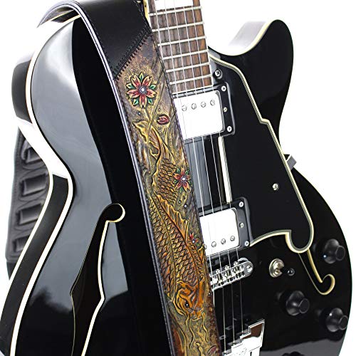 Walker And Williams Kb-23 Skinny Series 2" Wide Black & Umber Brown Premium Carved Grain Leather Padded Guitar Strap With Tooled Koi Fish Design #TOP4