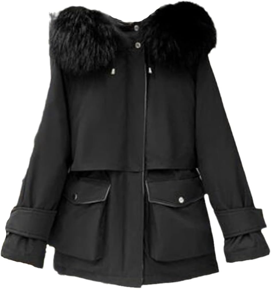 Winter Fur Hooded Down Coat, Women 90% White Duck Down Jacket, Thick Warm Parkas Outerwear