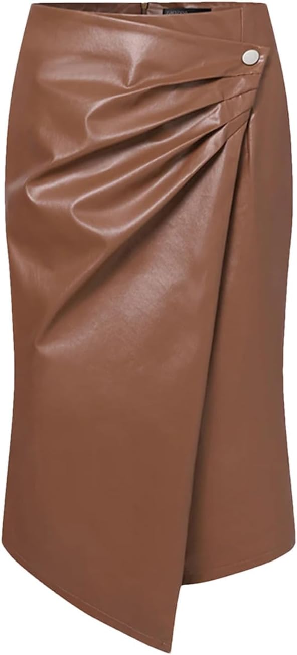 Suwequest Women Pu Leather Skirt High Waist Long Autumn Irregular Hem Slimming Midi Skirts