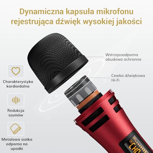 Systemy mikrofonów bezprzewodowych, TONOR Profesjonalny zestaw mikrofonów karaoke UHF, mikrofon do śpiewania z odbiornikiem do karaoke, imprez DJ-skich, kościołów, wesel, przemówień, PA TW350 Czerwony