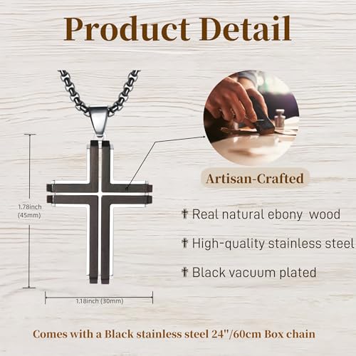 Wooden Cross Necklace for Men, Natural Ebony Mens Cross Necklaces Black Stainless Steel Christian Wood Crucifix Pendant，with Necklace 24" Box Chain2