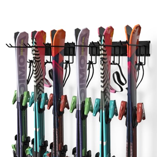 Shinoske Ski Rack Wall Mounted,Heavy Duty Steel Ski Wall Rack for Garage,Indoor Customizable Spacing Ski Holder for Wall,Snowboard Rack for 6 Pairs of Skis,Hold up to 300lbs