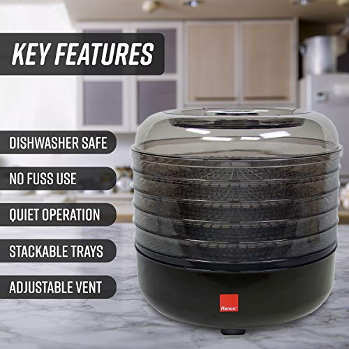 Ronco Beef Machine, 5-Tray Dehydrator with 5-Piece Kit, Food Preserver Quiet Operation, for Turkey, Chicken, Fish, Fruits, Vegetables, Deluxe Black w/jerky gun