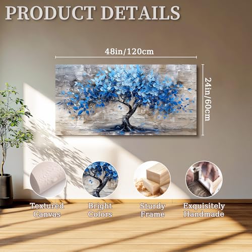 SERIMINO Tree of Life Wall Art Large Artwork, Blue Tree Abstract Wall Paintings, Nature Plant Canvas Art Prints, Modern Neutral Pictures Wall Decor Living Room Bedroom Office Meeting Room 24"X48"