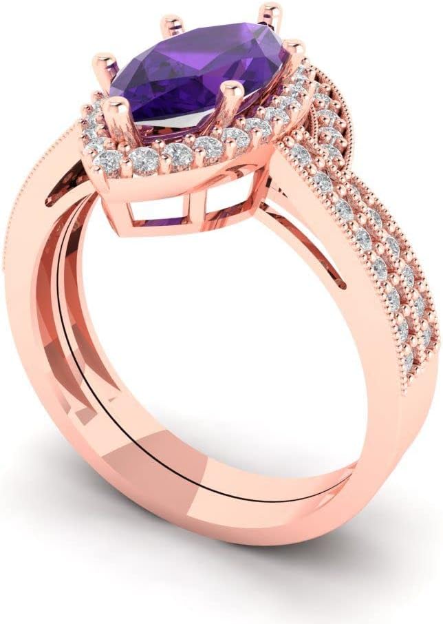 Clara Pucci 2.26 ct Marquise Round Cut Halo Solitaire Natural Amethyst Designer Art Deco Statement Wedding Ring Band Set 18K Rose Gold