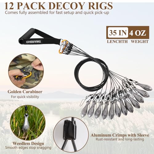 CHERAINTI Duck Decoy Weights, 12 Pack 4oz Tangle-Free Texas Rig Decoy Weights for Duck Hunting, 3ft Pre-Rigged Coated Steel Cable Rig Anchors for Waterfowl Hunting, Quick Setup and Pickup Weight Set - Thumbnail 2