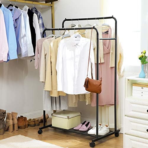 SONGMICS Double-Rail Clothing Rack on Wheels, Metal Garment Rack with Mesh Shelf, Each Rail Holds up to 30 kg, for Clothes, Bags, Shoes, Storage Boxes, Black HSR26BK