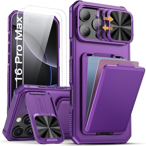 sslotscase for iphone 16 pro max case with 2x screen protector, card holder & lens cover & hidden kickstand, silicone edge durable protective wallet phone cover for iphone 16 pro max, dark purple iphone16