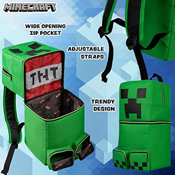 Minecraft Детские рюкзаки для мальчиков: рюкзак Creeper зеленого цвета, 50 x 21 см, карманы на молнии, регулируемые лямки, детский рюкзак для путешествий, спорта и игр, подарки для мальчиков,