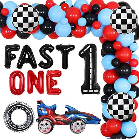 Race Car 1st Birthday Party Decorations for Boys Baby Shower Red Blue Race Car Balloon Garland Kit Fast One Let’s Go Racing Birthday Supplies Checkered Flags Balloons Cover