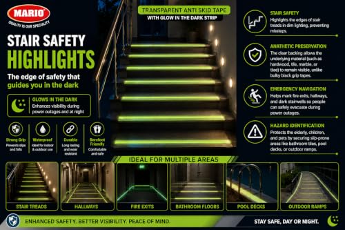 Image of Mario Transparent Anti-Skid Glow-in-the-Dark Tape Width 50mm x Length 5mtr (16.5 feet) | High Grip Waterproof Anti-Slip Safety Tape | Self Adhesive Tape for Stairs & Dark Areas | Pack of 1pc