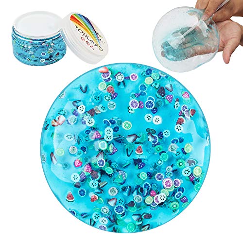 Clear Crystal Slime Mud with Fruit Slices, Soft Jelly Clay Stress Relief Toy Fluffy Slime for Girls Boys, Non Sticky DIY Putty Easy Bubble Slime with Container for Party Birthday Favor, Ocean Blue