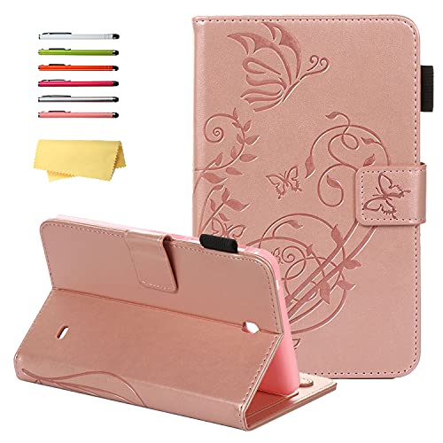 UUcovers Case for Samsung Galaxy Tab 4 7.0 (SM-T230/ T231/ T235) & Tab 4 7.0' Nook 2014 Cover SM-T230NU with Pencil Holder Pockets Embossed Flower PU Leather Folio Stand Cover, Pink Butterfly Leaves