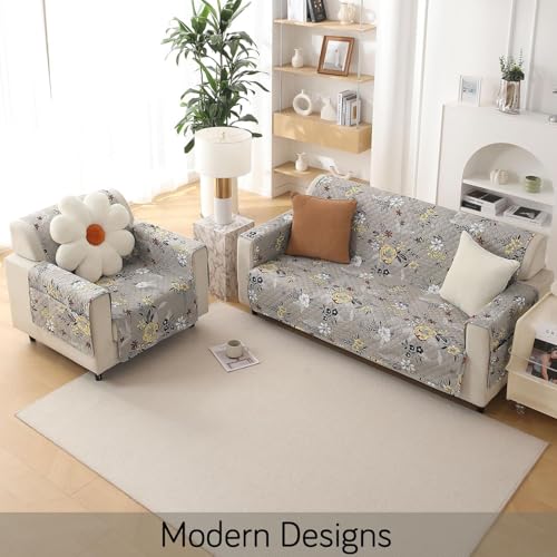 Image of HOKIPO 'VivaCasa Series' Polyester 2 Seater Quilted Sofa Cover with Pockets, Floral Ash Grey (NEW2-IN-739-D3)