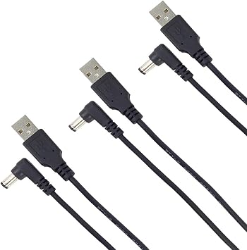 3pcs USB to DC Cable 5.5mm x 2.1mm L Type Male 3.3ft Black