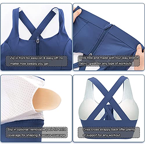 Image of Cordaw Zipper in Front Sports Bra High Impact Strappy Back Support Workout Top