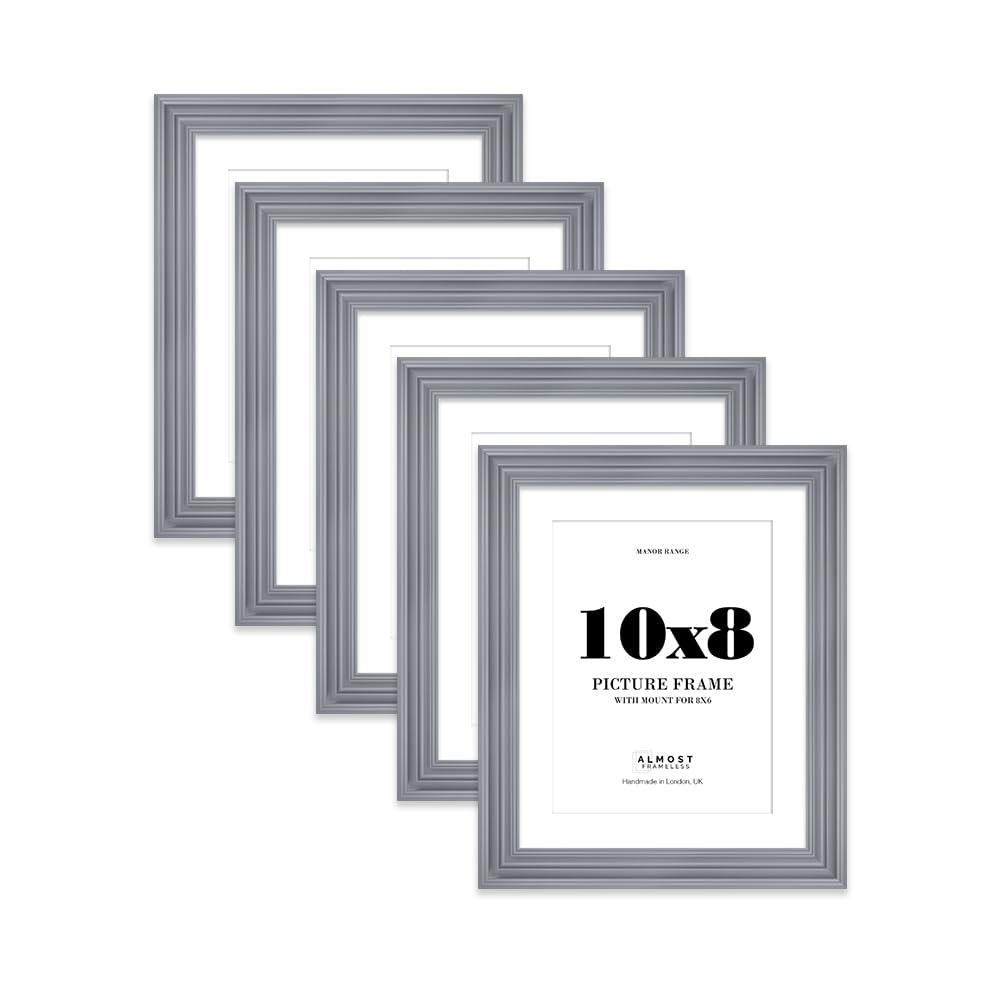 10x8 Grey Picture Frame - 10x8 Frame with 8x6 Mount for 10x8/8x6 Pictures Vintage Style Classic Interior Design Décor, 5 Pack