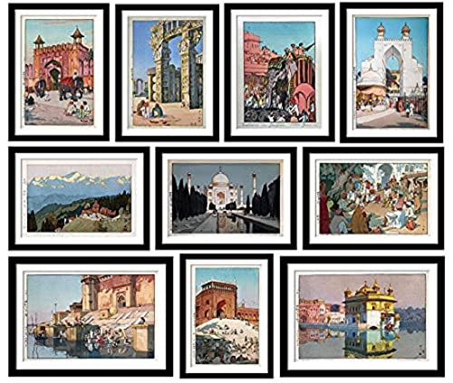 Image of Tallenge - Yoshida Hiroshi - Vintage Japanese Prints of India - Small Framed Poster (Paper; 12 x 17 Inches, Multicolour) Set of 10