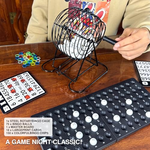 GOTHINK Bingo Game Set, Metal Round Cage, 75 Bingo Balls, 18 Bingo Cards, 150 Mixed Chips and Master Board for Adults, Family & Kids