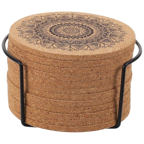 PATKAW Posavasos Redondos de Corcho Nórdicos 12 Piezas 10x0,5 Cm con Soporte Mandala, Posavasos Antideslizantes y Aislantes Térmicos para Café y Bebidas en Hogar y Cocina