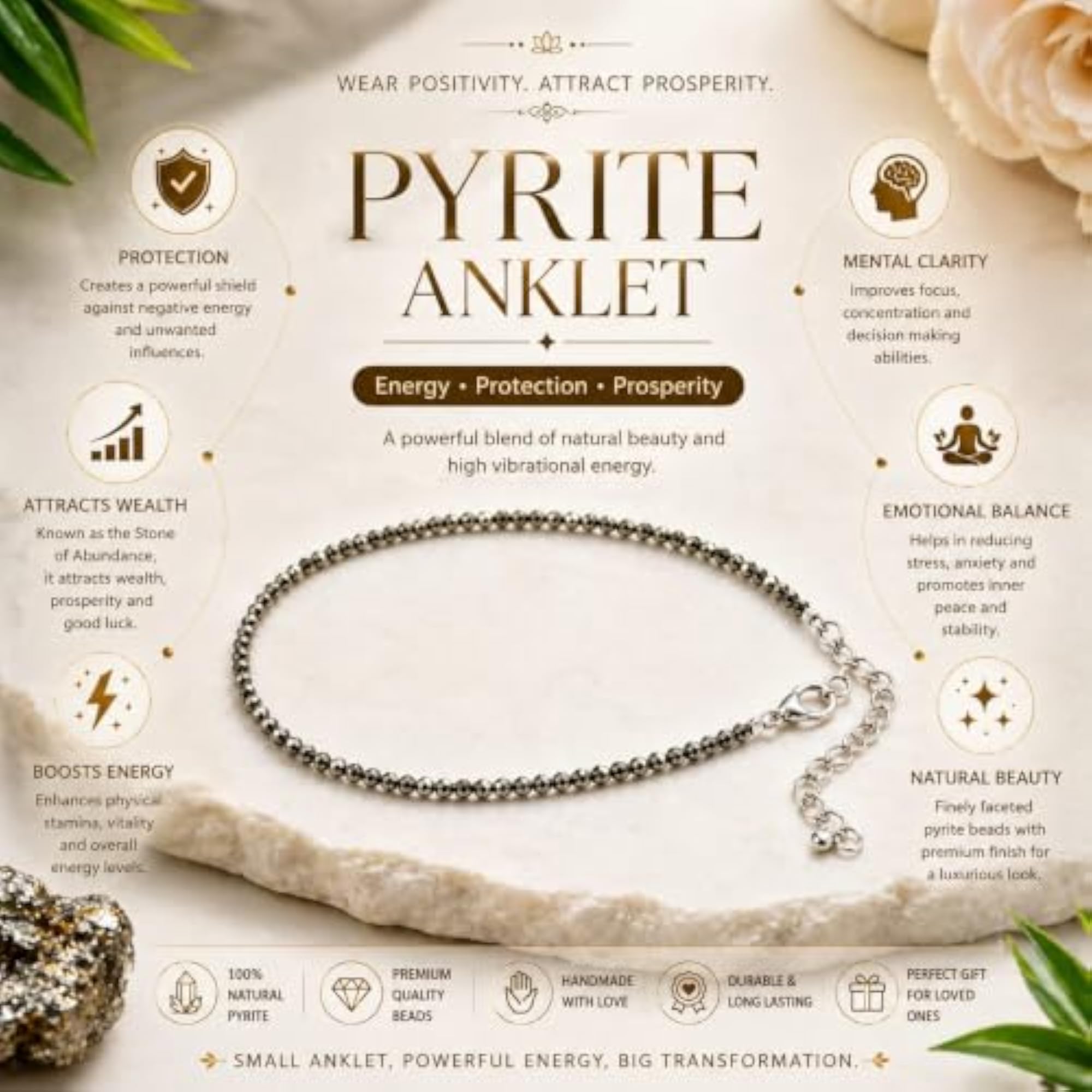 Women's Adjustable Natural Pyrite Anklet, Gemstone Payal
