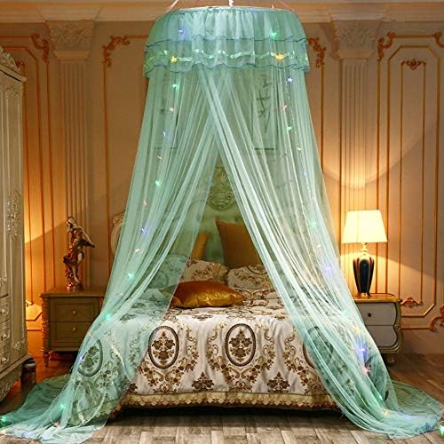 Elegant Round Dome Bed Netting Canopy Princess Bed Canopy with Led Light, Canopy Bed Curtains Mosquito Net for Bed (White)