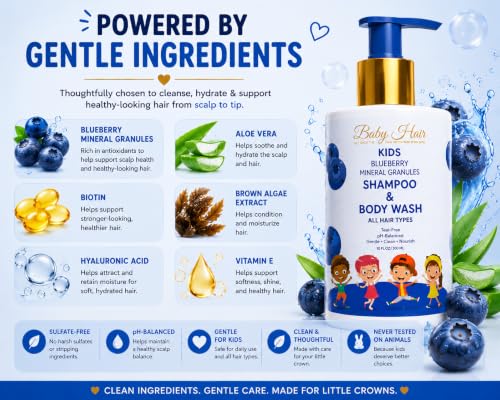 Image of BABY HAIR Kids Toddler Blueberry Mineral Shampoo & Body Wash | Sulfate-Free Tearless Hair & Body Cleanser | Aloe Vera & Blueberry Extract | Gentle Daily Care | 10 fl oz