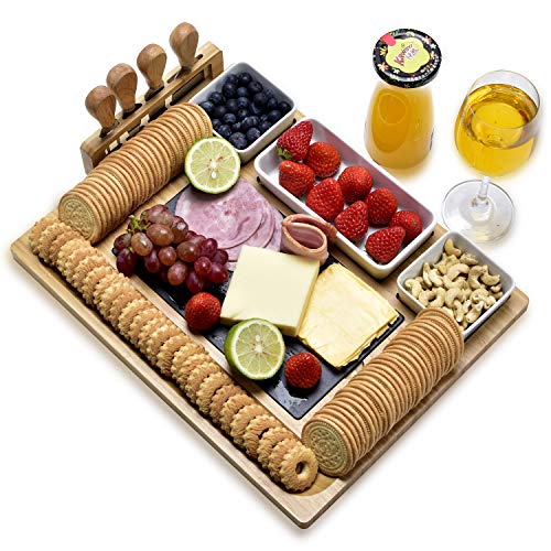 Bamboo cheese board and cheese knife set: large specialty dish board set and cheese platter - unique family warm keeping gift, new home, wedding anniversary and wedding gift, bride shower gift