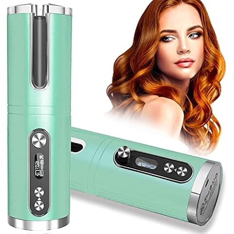 Cordless Automatic Hair Curler, Portable Auto Rotating Ceramic Hair Curler, LCD Display & USB Rechargeable Cordless Curler, 6 Temperature & Timer Settings, Travel & Home Use (Green-Upgrade) Cover
