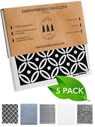 Superscandi Swedish Dishcloths For Kitchen Eco Friendly Reusable Sustainable Biodegradable Cellulose Sponge Swedish Dish Cloths Dish Rags Washing Wipes Paper Towel Replacement (5 Pack Scandi Prints) #TOP1