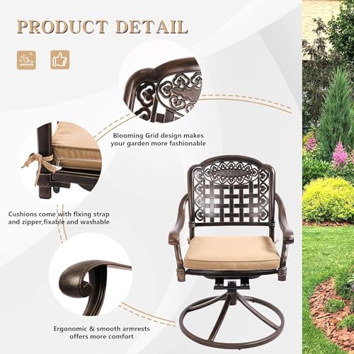 TITIMO 5-Piece Outdoor Patio Dining Set, All-Weather Cast Aluminum Patio Conversation Set Deck w/4 Cushions Chairs, 2.2\" Umbrella Hole for Backyard Garden (Khaki-Swivel Grid Chair, 35\" Round Table) - Thumbnail 6