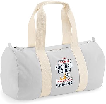 Football Coach Gift, I Am a Football Coach What's Your Superpower?, Best Coach Gift, Barrel Bag, Holdall Zip Sports Duffle Bag. Light Grey