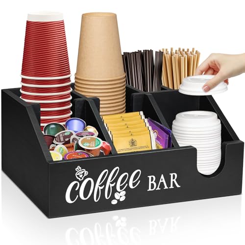 Uipame Coffee Station Organizer, Coffee Cup Holder for Counter, Wood Coffee Pod Holder Storage Basket, Tea Condiment Organizer for K Cup Sugar, Rustic Coffee Bar Decor for Coffee Accessories