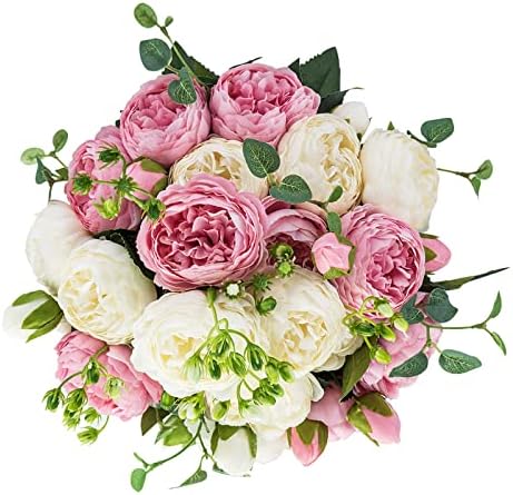 BLOSMON Artificial Flowers Wedding Peony Bouquet 4 Pcs Silk Peonies Fake Flower for Table Centerpieces Decoration, Floral Bouquets Flower Balls Arrangement for Home Party Decor (Pink&White)