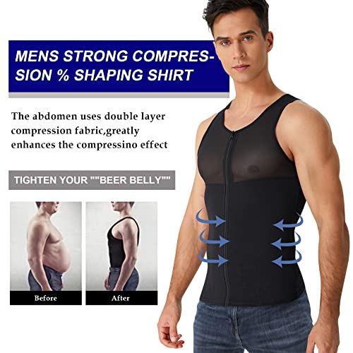 Solcysx Mens Compression Shirt Belly Slimming Body Shaper Vest Sleeveless Zipper Undershirt Tank Top Shapewear Stomach Black #TOP1