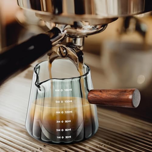 Joeyan Espresso Measuring Shot Glass Cup with Wood Handle, 180ml/6oz Measuring Jugs Espresso Shot Glass Small Milk Coffee Cups with V-Shaped Mouth for Coffee Machine, Grey