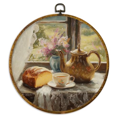XPH Abstract Vintage Teapot Bread Round Wall Art Framed, Antique Coffee Cup Floral Circle Wall Decor, Rustic French Country Hanging Canvas Prints for Home Kitchen Decoration, 10x10 Inch