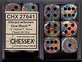 Chessex Dice d6 Sets: Festive Vibrant Swirl with Brown Pips - 16mm Six Sided Die (12) Block of Dice