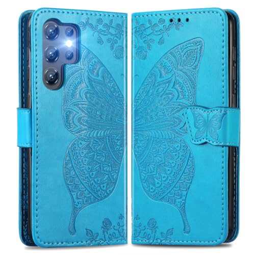 MOJIA Lederhülle für Oukitel C2, Hochwertige Leder Flip Wallet Handyhülle mit TPU Innenhülle & Kartenhalter [Geschenk Handgelenkriemen]. Blau