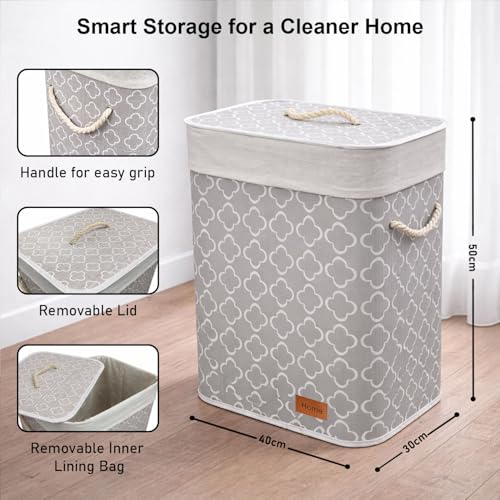 Image of Amazon Brand - Umi Rectangle Bamboo Laundry Basket for Clothes with Lid Quatrefoil Printed Hamper | Eco-Friendly, Foldable & Lightweight Organizer (Cream, 40x30x50 cm, Pack of 1)